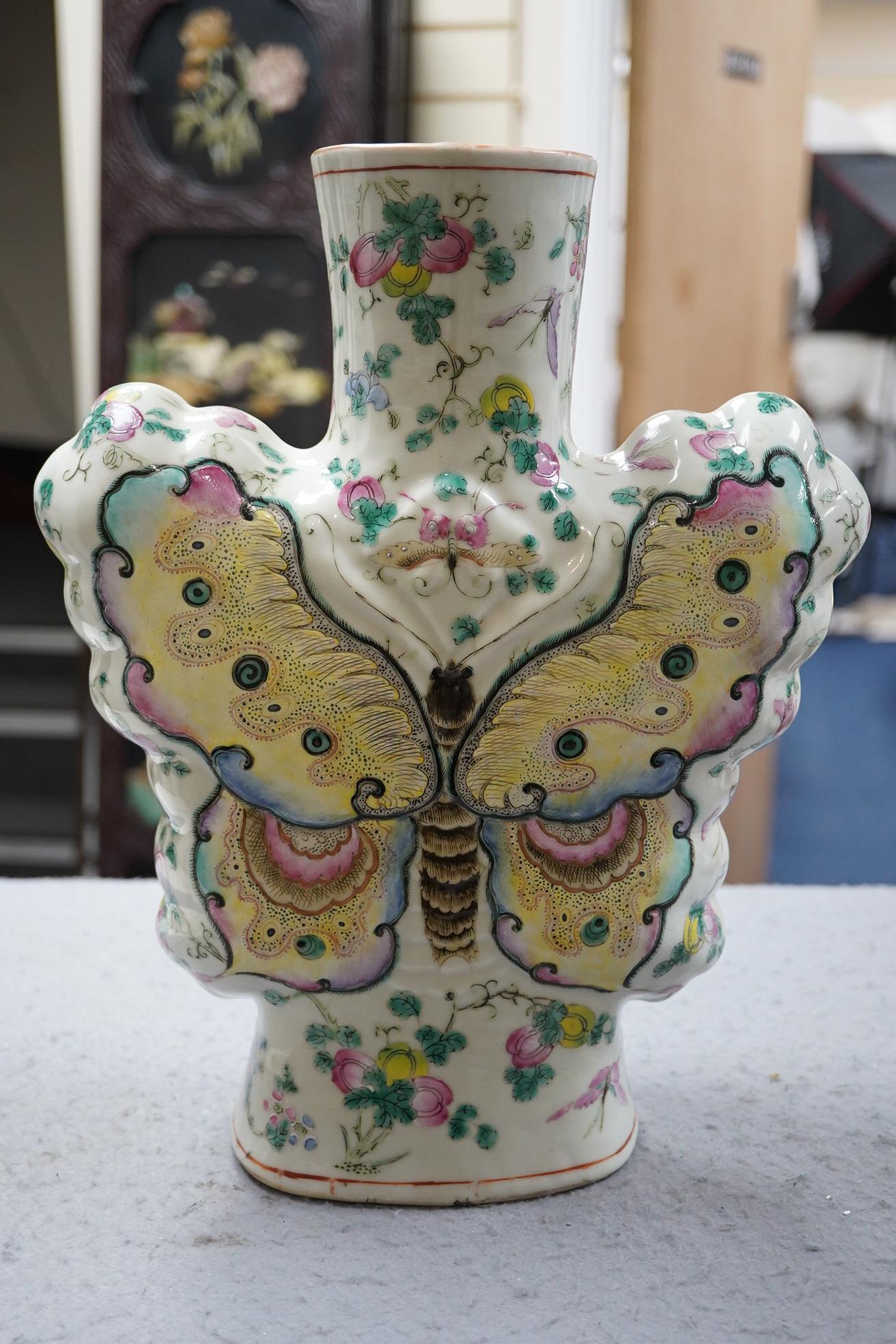 An unusual Chinese famille rose butterfly-shaped vase, late 19th century